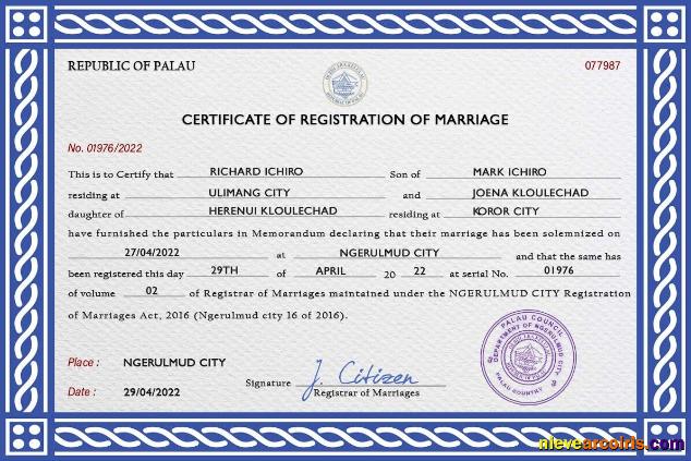 Palau marriage certificate
